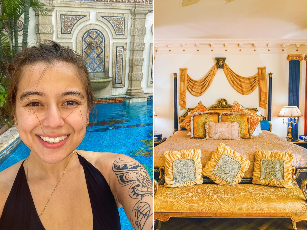 The author takes a selfie in front of the pool (L) the author's suite (R)