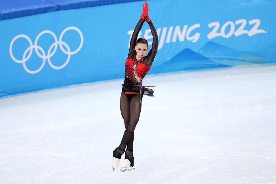 Kamila Valieva of Team ROC skates during the Women Single Skating Free Skating Team Event at the Beijing 2022 Winter Olympic Games on February 07, 2022.
