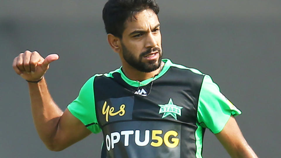 Haris Rauf, pictured here celebrating a wicket during the Melbourne Stars' clash with Sydney Thunder.