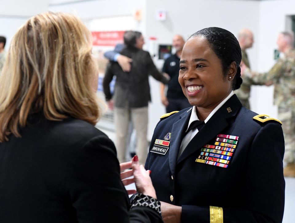 Maj. Gen. Janeen Birckhead speaks with Sen. Mary Beth Carozza Thursday, Dec. 28, 2023, at the Maryland Army National Guard Salisbury Readiness Center in Salisbury, Maryland.