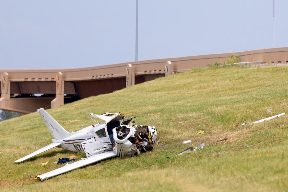A plane crash near Interstate 235 and NW 36th Street in Oklahoma City on Sunday, Aug. 13, 2023.