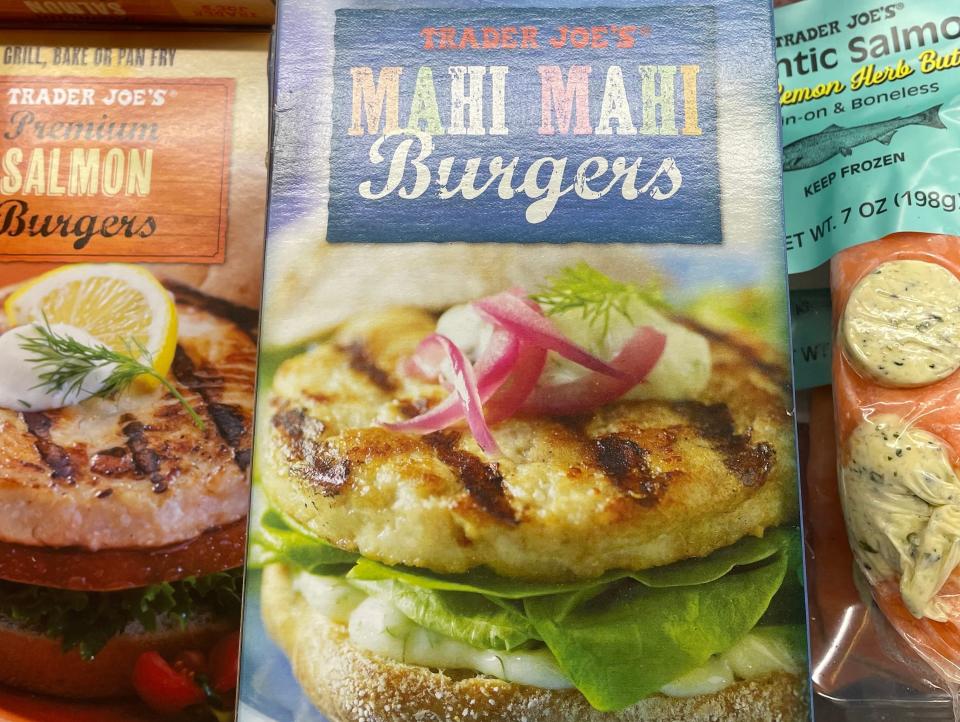 Box of mahi-mahi burgers at Trader Joe's