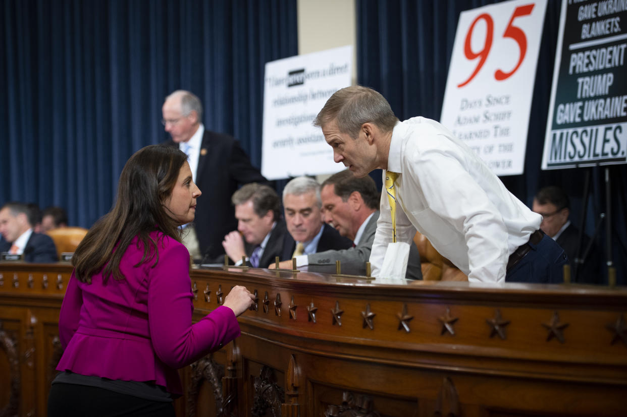 Rep. Elise Stefanik, R-N.Y., talks with Rep. Jim Jordan, R-Ohio, during the House Select Intelligence Committee hearing on the impeachment inquiry into President Donald Trump with former U.S. Ambassador to Ukraine Marie Yovanovitch on Friday Nov. 15, 2019. (Photo: Caroline Brehman/CQ-Roll Call, Inc via Getty Images)