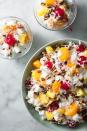 <p>Whether a creamy <a href="https://www.delish.com/cooking/recipe-ideas/a19609963/easy-fruit-salad-recipe/" rel="nofollow noopener" target="_blank" data-ylk="slk:fruit salad;elm:context_link;itc:0;sec:content-canvas" class="link ">fruit salad</a> horrifies you or makes you want to dig in immediately, Ambrosia salad's a classic for a reason. It's been around since the 1800s, when citrus fruit first became available more prevalently in the U.S. The more you know!</p><p>Get the <strong><a href="https://www.delish.com/cooking/recipe-ideas/a19634609/classic-ambrosia-salad-recipe/" rel="nofollow noopener" target="_blank" data-ylk="slk:Ambrosia Salad recipe;elm:context_link;itc:0;sec:content-canvas" class="link ">Ambrosia Salad recipe</a></strong>.</p>