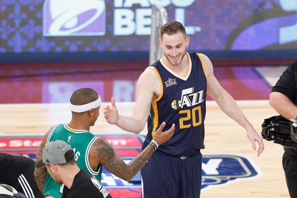 Gordon Hayward #20 of the Utah Jazz reacts with Isaiah Thomas #4 of the Boston Celtics during the 2017 Taco Bell Skills Challenge at Smoothie King Center on February 18, 2017 in New Orleans, Louisiana. 