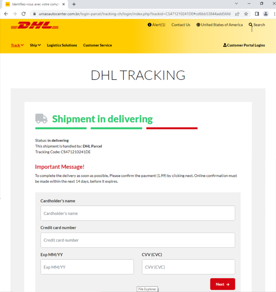 DHL email scam message asking for credit card details.