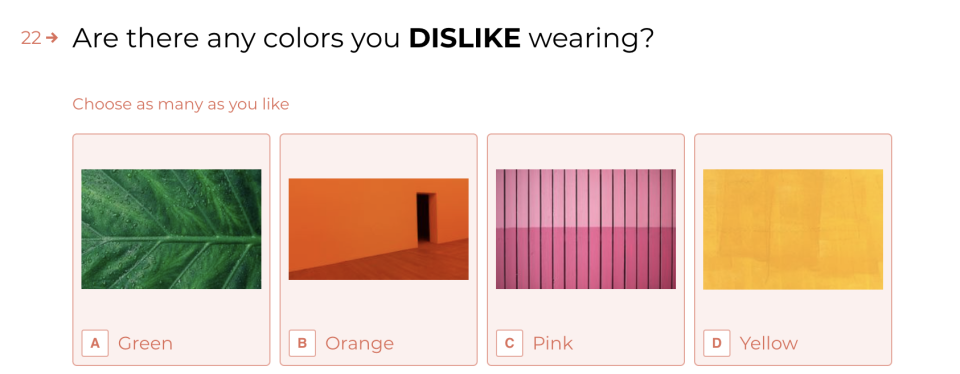 The question "Are there any colors you dislike wearing?" with color choices