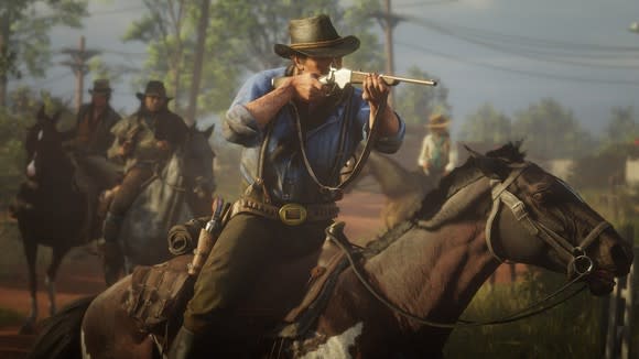 A cowboy riding a horse and firing a rifle in Red Dead Redemption 2.