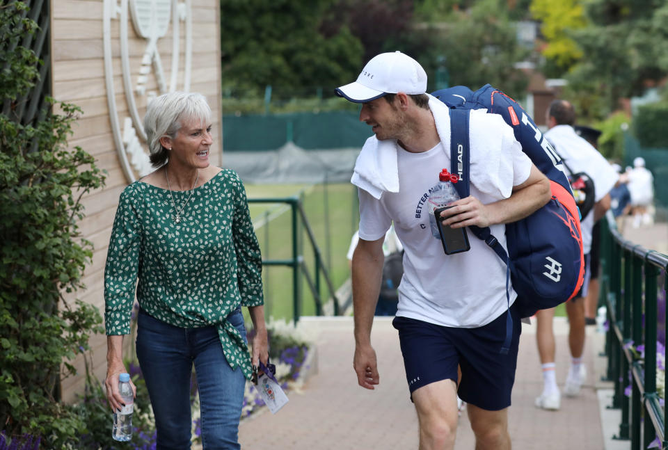 Tennis - Wimbledon - All England Lawn Tennis and Croquet Club, London, Britain - July 3, 2019  Britain's Andy Murray with Judy Murray after practice  REUTERS/Hannah McKay