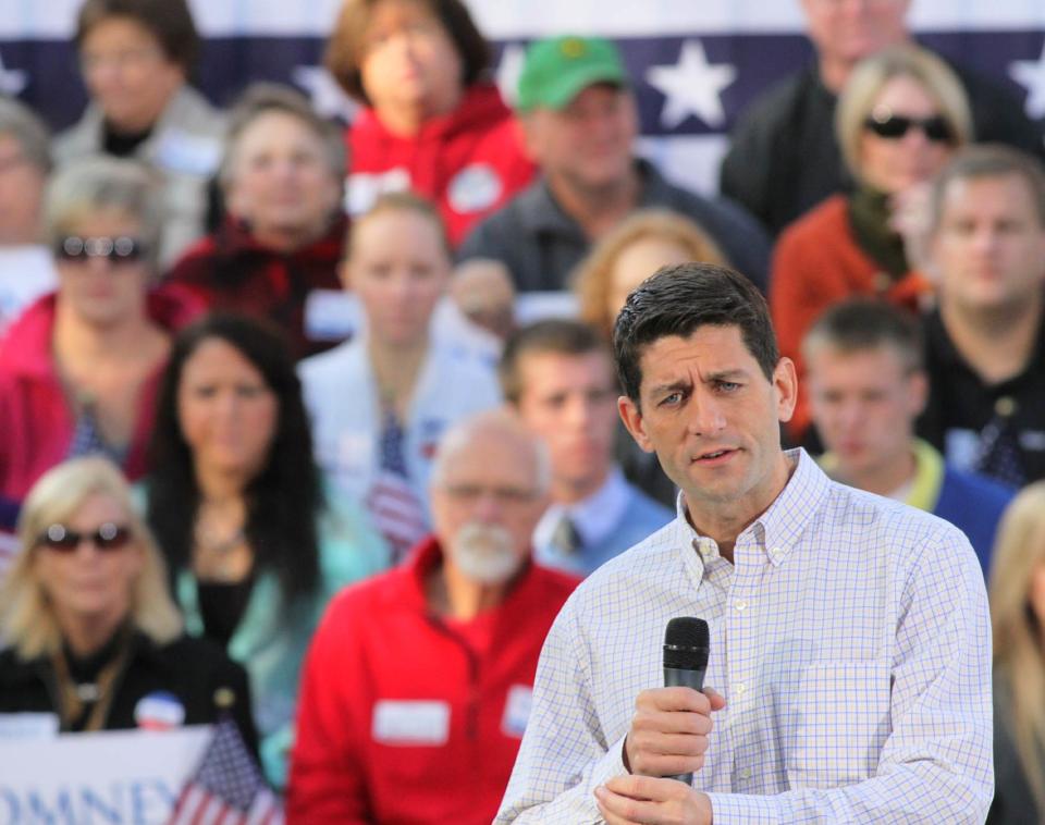 Republican vice presidential candidate Paul Ryan speaks to a crowd in Clinton, Iowa Tuesday, Oct. 2, 2012. (AP Photo/The Quad City Times, Kevin Schmidt)