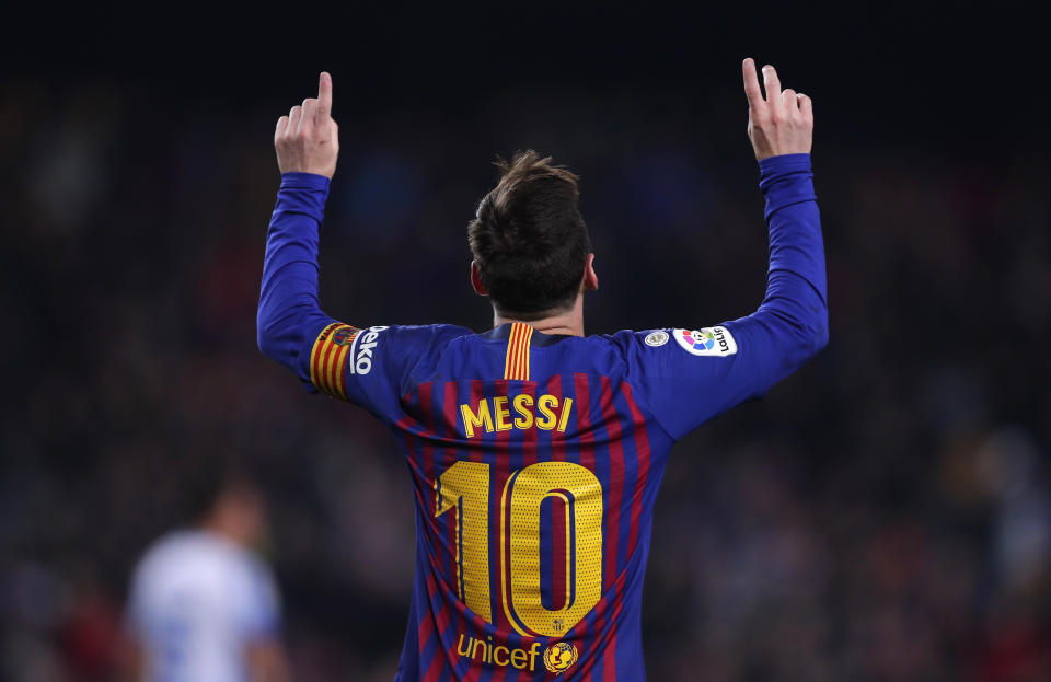 FC Barcelona's Lionel Messi celebrates after scoring during the Spanish La Liga soccer match between FC Barcelona and Leganes at the Camp Nou stadium in Barcelona, Spain, Sunday, Jan. 20, 2019. (AP Photo/Manu Fernandez)
