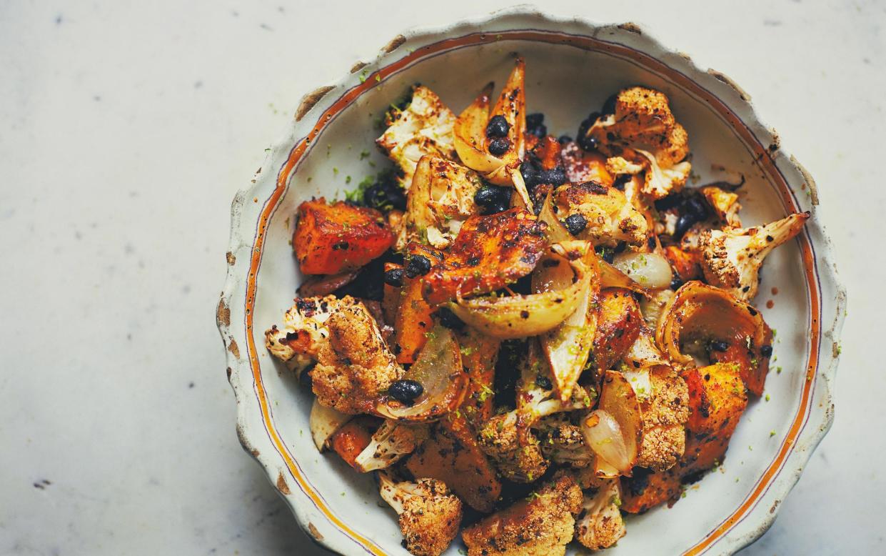 Roast pumpkin and cauliflower with black beans and cascabel chillies recipe - Laura Edwards 