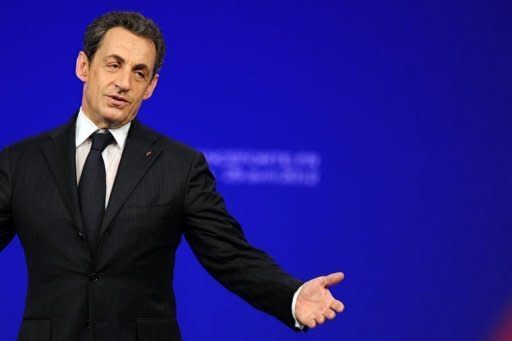 France's incumbent president and Union for a Popular Movement (UMP) party candidate for the French 2012 presidential election Nicolas Sarkozy delivers a speech during a campaign meeting in the southwestern city of Toulouse