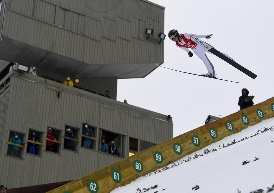 FILE - Anna Hoffman competes during the women's ski jumping trials for the U.S. Olympic team, at the Olympic Ski Jumping Complex on Saturday, Dec. 25, 2021, in Lake Placid, N.Y.The International Ski and Snowboard Federation is hosting a World Cup ski jumping competition Saturday and Sunday in Lake Placid, bringing the best in the sport back to town for the first time since 1990 and to the United States for the first time in nearly two decades. (AP Photo/Hans Pennink, File)