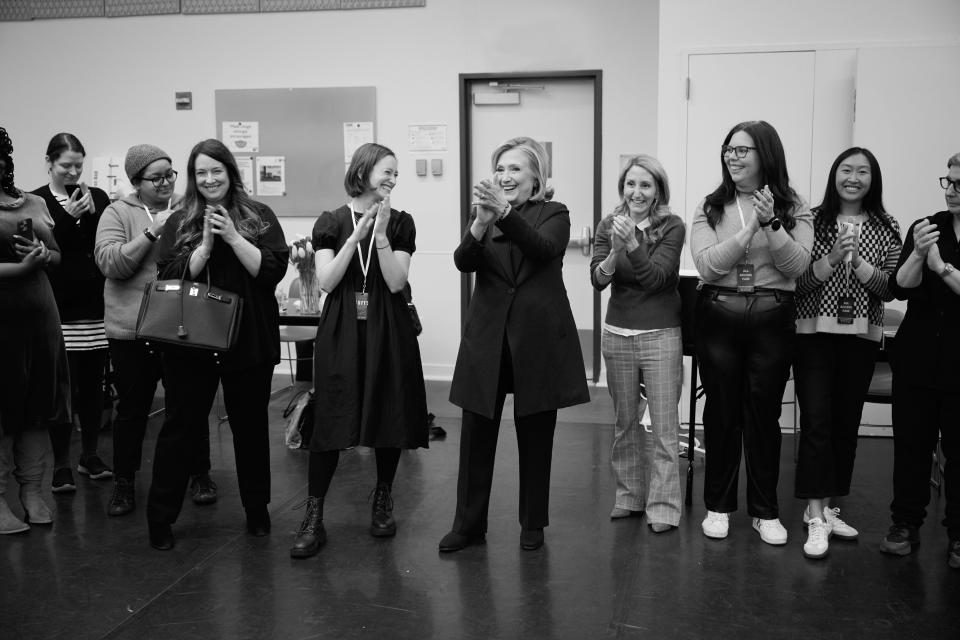 Secretary Hillary Clinton, center, and the company of "Suffs." "It does such a great job of telling an important story in an entertaining way," she says.