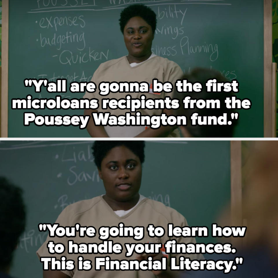 Taystee introducing her financial literacy class in Poussey's honor