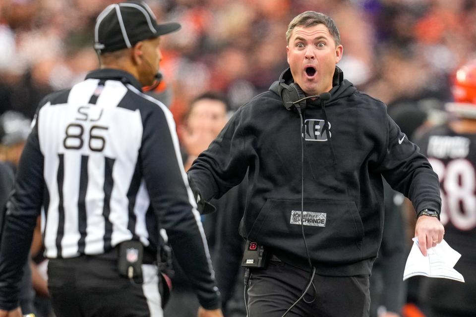 Cincinnati Bengals head coach Zac Taylor screams to a referee for not flagging what he saw as pass interference on an attempt to Tee Higgins in overtime of the NFL Week 15 game between the Cincinnati Bengals and the Minnesota Vikings at PayCor Stadium in downtown Cincinnati on Saturday, Dec. 16, 2023. The Bengals won on an overtime field goal.