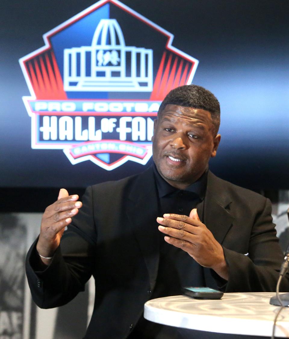 LeRoy Butler speaks to the media at the Pro Football Hall of Fame in Canton on Monday, March 14, 2022. Butler is a member of the Class of 2022.