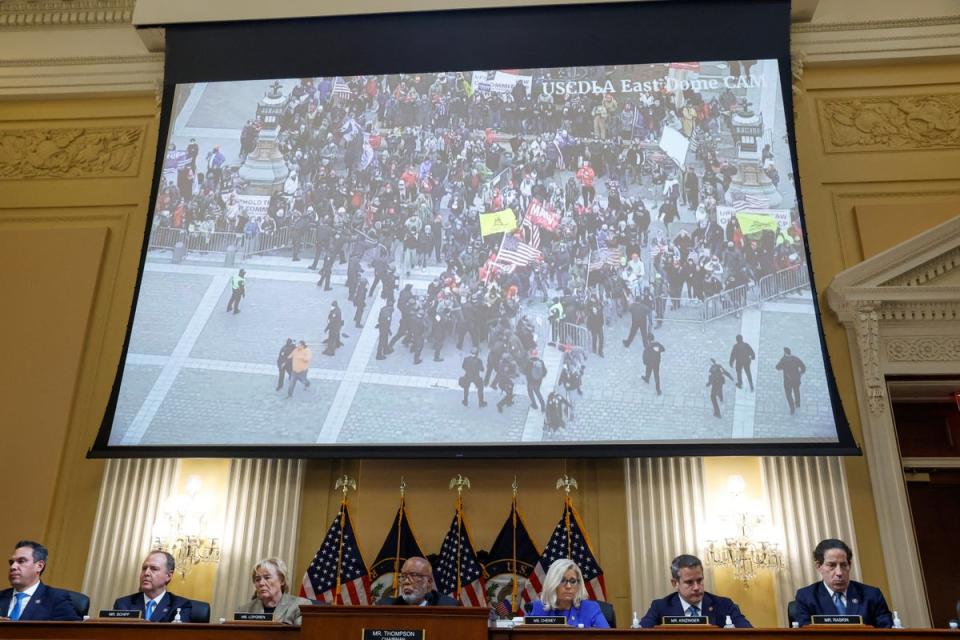 An image of the January 6 Attack on the United States Capitol is seen on video during the hearing of the U.S. House Select Committee to Investigate the January 6 Attack on the United States Capitol, on Capitol Hill in Washington, U.S., June 9, 2022. REUTERS/Jonathan Ernst (REUTERS)