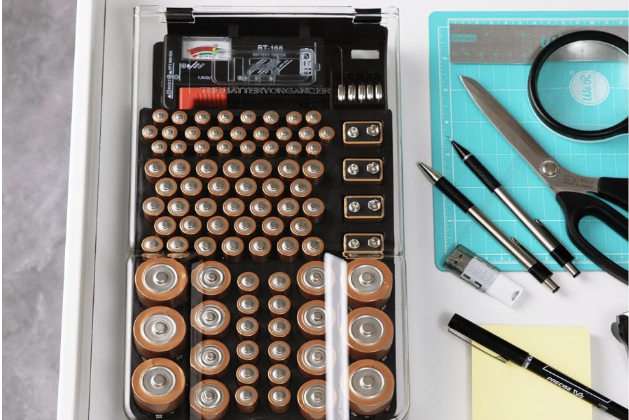 Battery organizer inside a drawer