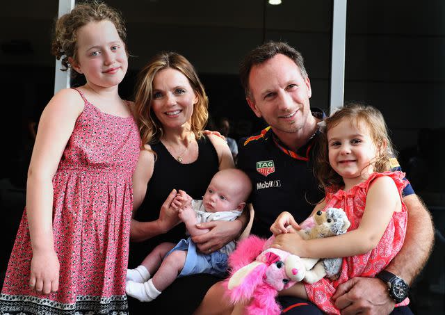 <p>Mark Thompson/Getty</p> Geri Halliwell-Horner with her husband Christian Horner and kids Bluebell, Monty and Olivia in 2017