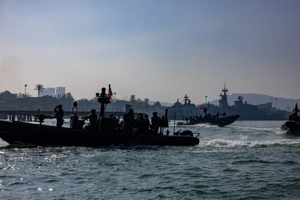 The Taiwan M109 speed boats maneuver on the sea during a military drill on January 31, 2024 in Kaohsiung, Taiwan.