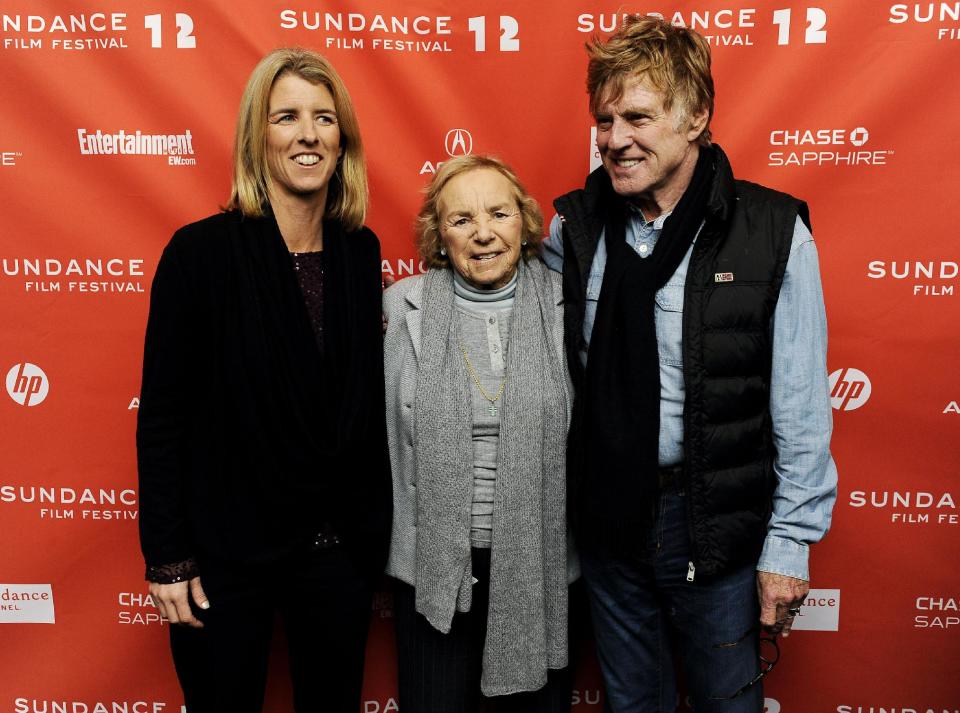 FILE - In this Jan. 20, 2012 file photo, Ethel Skakel Kennedy, center, subject of the documentary film "Ethel," poses with her daughter Rory, the film's director, and Robert Redford at the premiere of the film at the 2012 Sundance Film Festival in Park City, Utah. (AP Photo/Chris Pizzello, File)