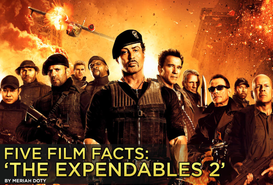 <b>Ultimate Truth</b><br>They're soldiers for hire, and this time they have a massive axe to grind -- playing out ultimate revenge on behalf of a fallen comrade. When it comes to the making of "<a href="http://movies.yahoo.com/movie/the-expendables-2/" data-ylk="slk:The Expendables 2;elm:context_link;itc:0;sec:content-canvas" class="link ">The Expendables 2</a>" there is a lot of fact to sort out from the fiction. Find out what's true and what's false in this week's Five Film Facts.