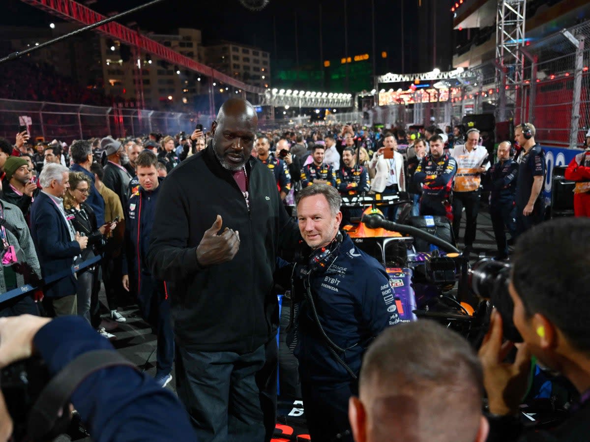 Shaquille O’Neal meets Red Bull’s Christian Horner on the Las Vegas Grand Prix grid  (AFP via Getty)