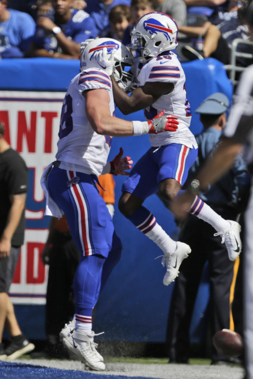Buffalo Bills' Isaiah McKenzie, right, celebrates his touchdown with Dawson Knox during the first half of an NFL football game against the New York Giants, Sunday, Sept. 15, 2019, in East Rutherford, N.J. (AP Photo/Adam Hunger)
