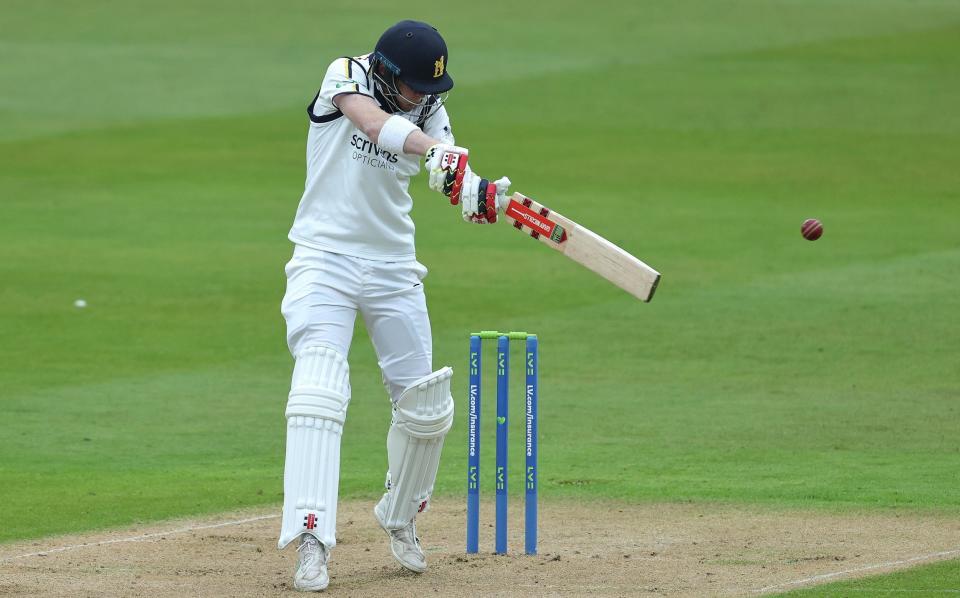 Dan Mousley of Warwickshire plays the ball to the boundary during the LV= Insurance County Championship Division 1 match between Warwickshire and Surrey at Edgbaston - Getty Images/David Rogers