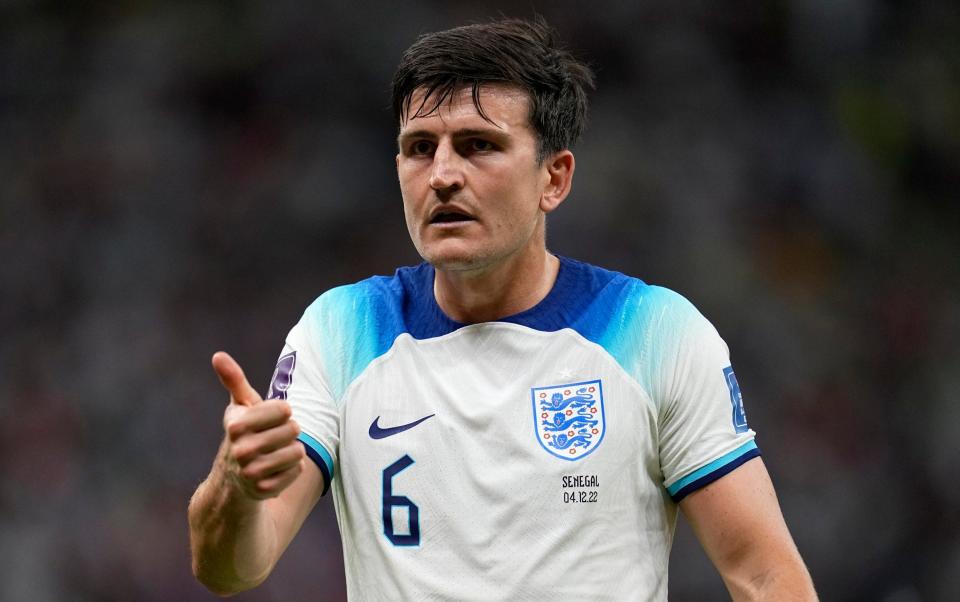 England's Harry Maguire reacts towards an official during the World Cup round of 16 soccer match between England and Senegal, at the Al Bayt Stadium in Al Khor, Qatar, Sunday, Dec. 4, 2022 - AP Photo/Abbie Parr