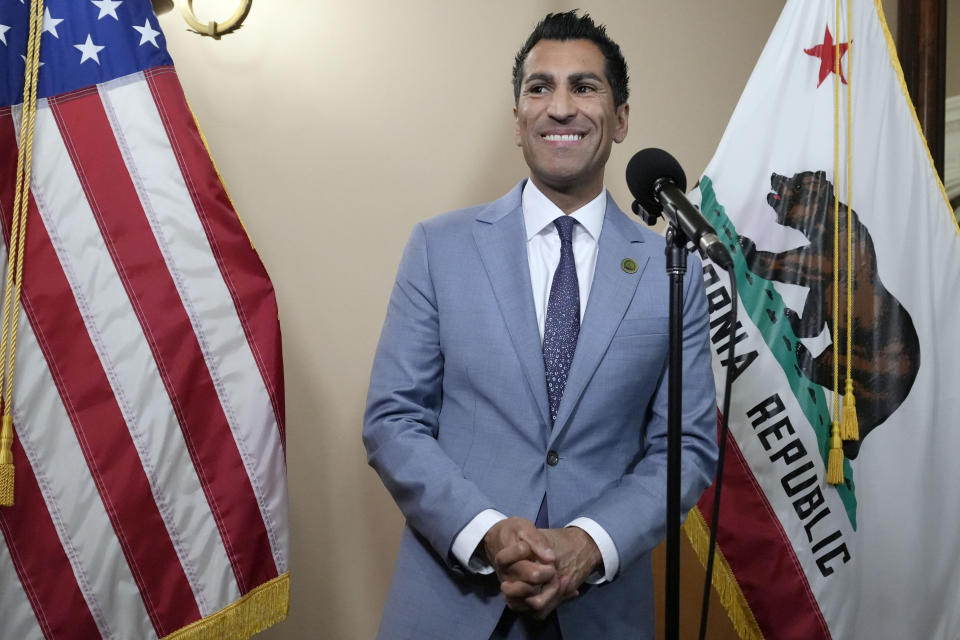 FILE - California Assembly Speaker Robert Rivas, D-Hollister, smiles as he talks with reporters at the Capitol in Sacramento, Calif., Friday, June 30, 2023. Rivas has said little about his specific priorities as speaker but has emphasized the importance of a unified caucus. (AP Photo/Rich Pedroncelli, File)