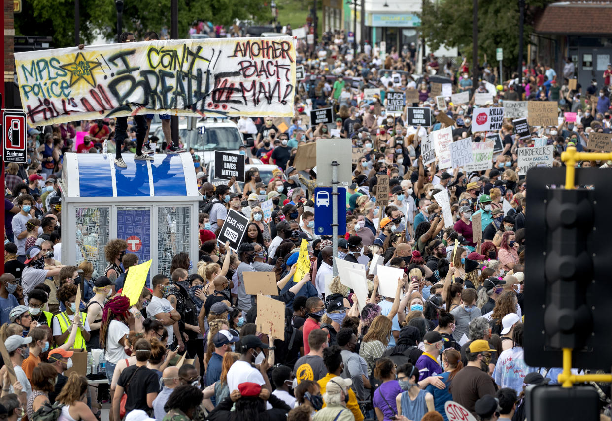 Protesters call for justice for George Floyd on May 26, 2020, in Minneapolis. (Carlos Gonzalez/Star Tribune via AP)