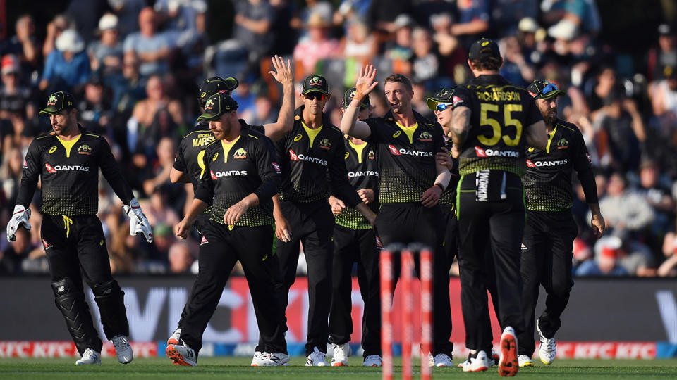 The Australian squad is not blaming the lingering effects of two weeks in quarantine for their T20 loss to New Zealand on Monday. (Photo by Kai Schwoerer/Getty Images)