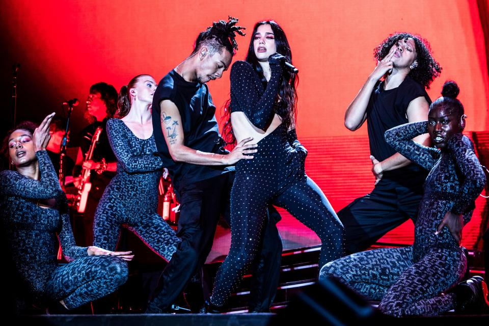 Headliner Dua Lipa performs during her set on the Firefly main stage on Day 4, the final day of the 2022 Firefly Music Festival in Dover, Sunday, Sept. 25, 2022. Lipa's performance was nearly cancelled when the threat of severe weather conditions forced a temporary evacuation of all participants from the venue.