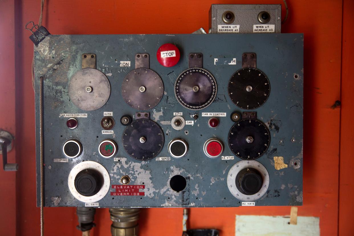 A control board hangs in the interior room of the horn antenna. Officials gather with members of the scientific community in celebration for the dedication ceremony of the Robert Wilson Park. Dr. Robert Wilson, along with Dr. Arno Panzias discovered background radiation in 1964 with use of the horn antenna. This discovery was the first evidence that the universe began with the Big Bang. 
Holmdel, NJ
Saturday, April 20, 2024