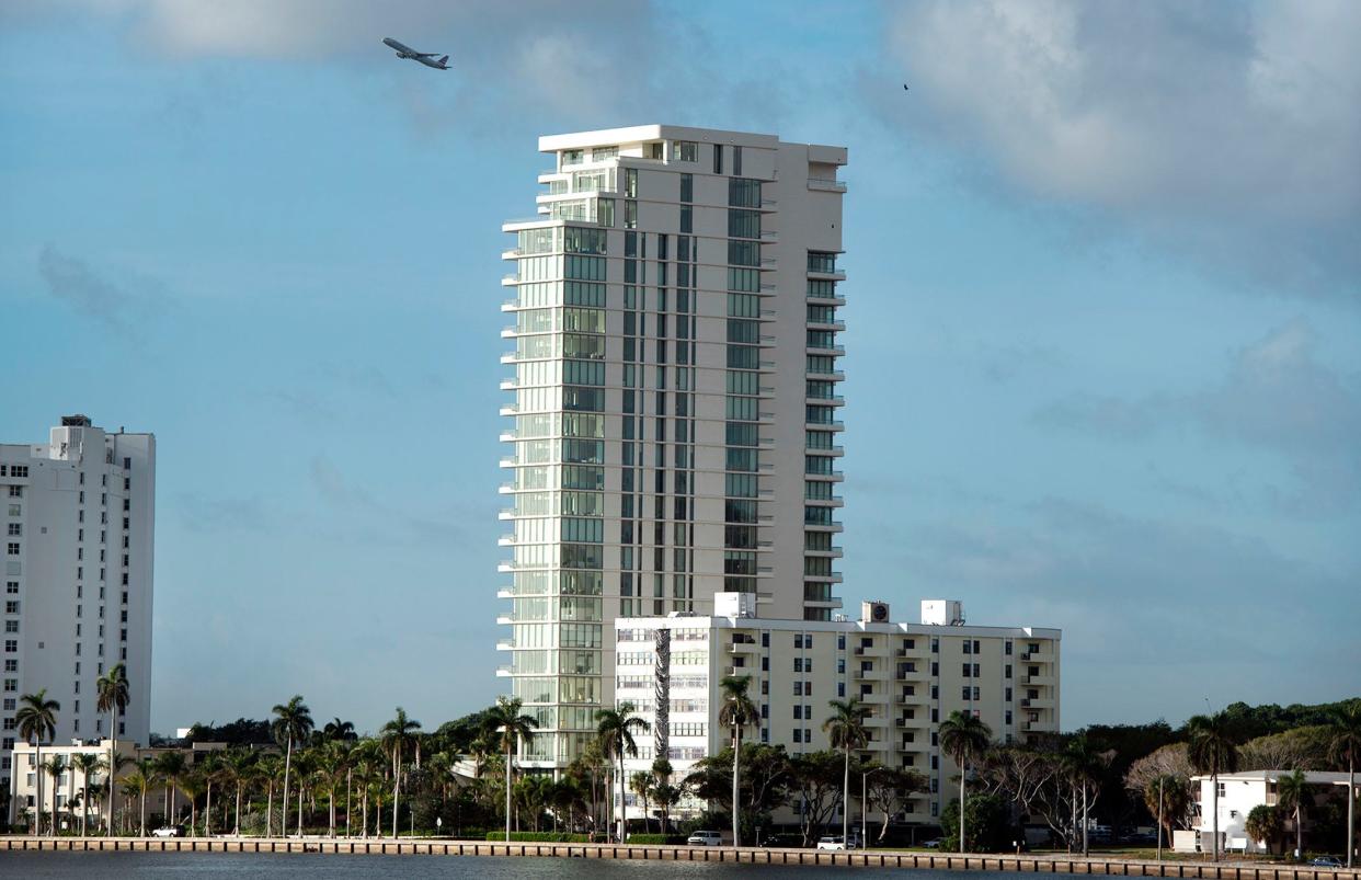 A view from Palm Beach shows the 25-story La Clara condominium tower at 200 Arkona Court, formerly 1515 S. Flagler Drive, in West Palm Beach on Nov. 7, 2023.