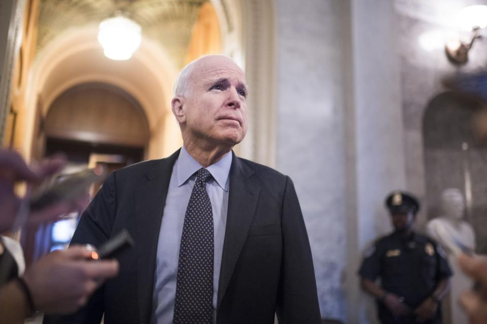 <p>McCain talks with reporters before a vote in the Senate where they invoked the "nuclear option," which allows for a majority vote to confirm a Supreme Court justice nominee on April 6, 2017.</p>