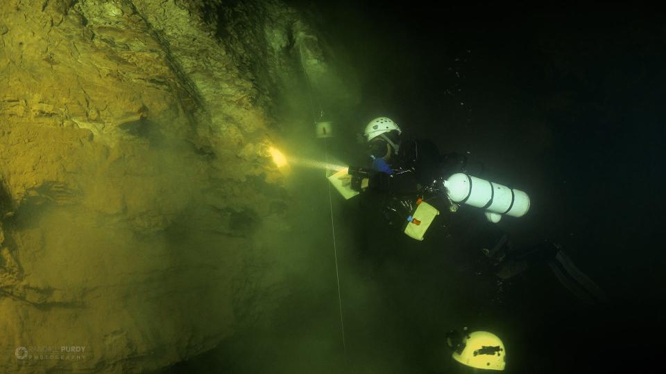 Screenshots show moments from a previous dive by KISS Rebreathers dive team and their equipment in the Roaring River spring.