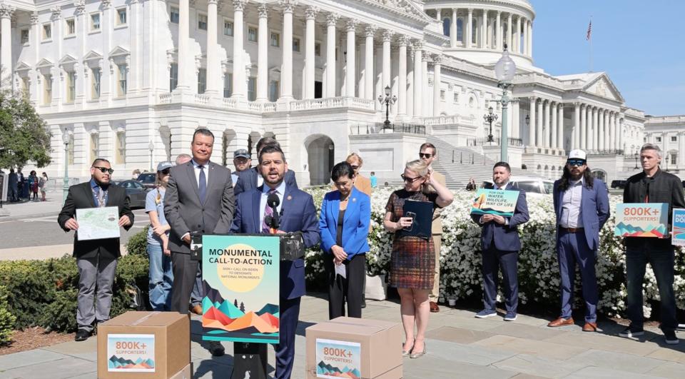 U.S. Rep. Raul Ruiz M.D. , seen at podium, and Sen. Alex Padilla on Tuesday introduced bills to designate Chuckwalla National Monument and expand Joshua Tree National Park under the Antiquities Act.