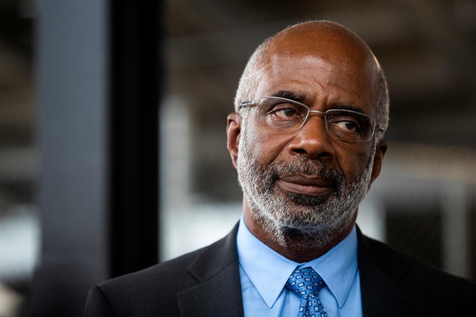 FAMU President Larry Robinson speaks to press outside the Galimore-Powell Field House on Tuesday, Aug. 30, 2022 in Tallahassee, Fla. after meeting with football players. 