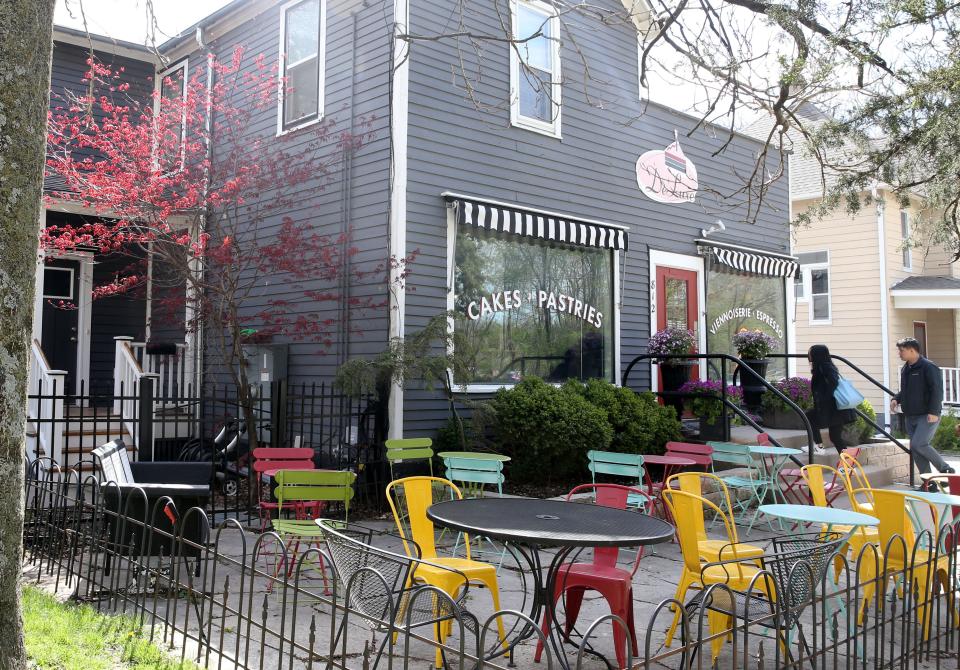DeLuxe Cakes & Pastries' patio is pictured Tuesday, April 16, 2024 in Iowa City, Iowa
