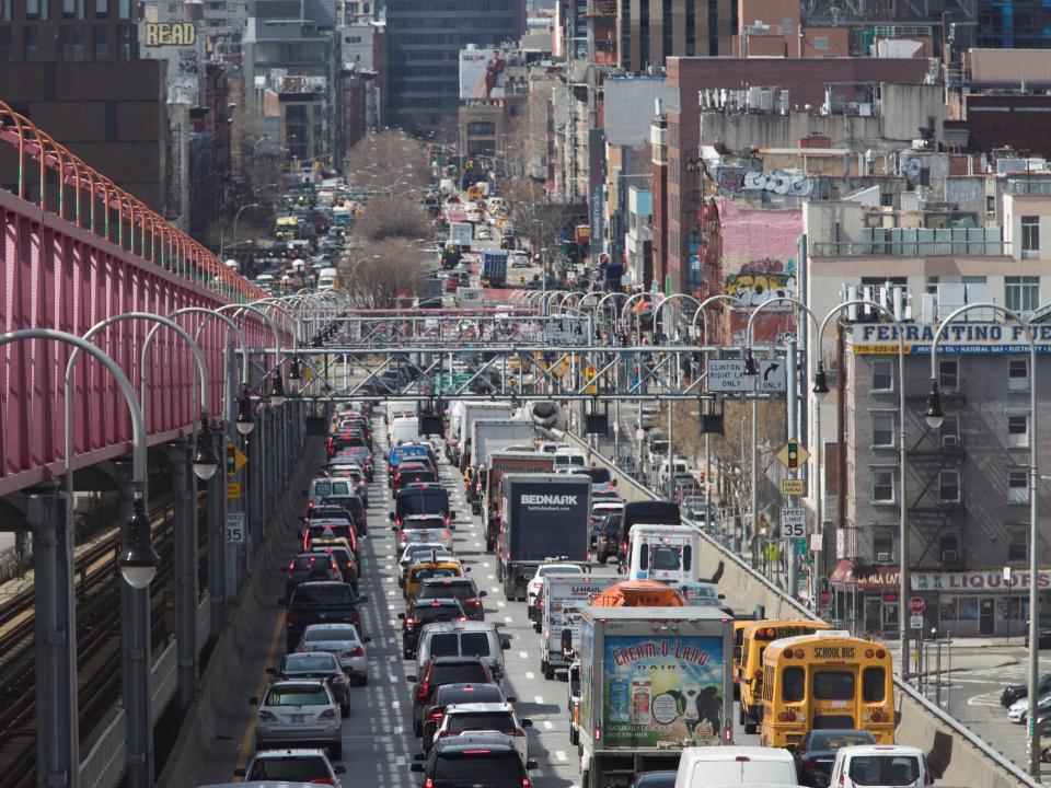 Traffic coming off the Williamsburg Bridge in New York