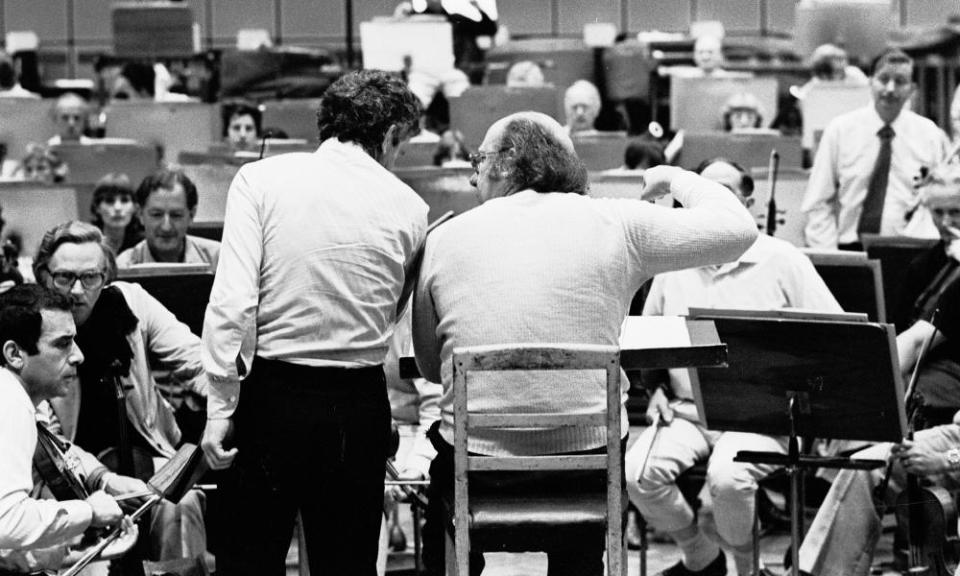 Peter Maxwell Davies, left, and Gennady Rozhdestvensky rehearsing at the BBC’s Maida Vale studios in the early 1980s.