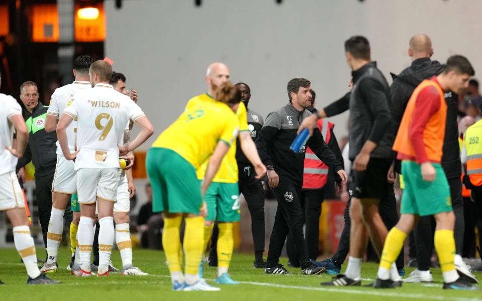 League Two play-off Port Vale manager Darrell Clarke reacts after being shown a red card in extra time - PA