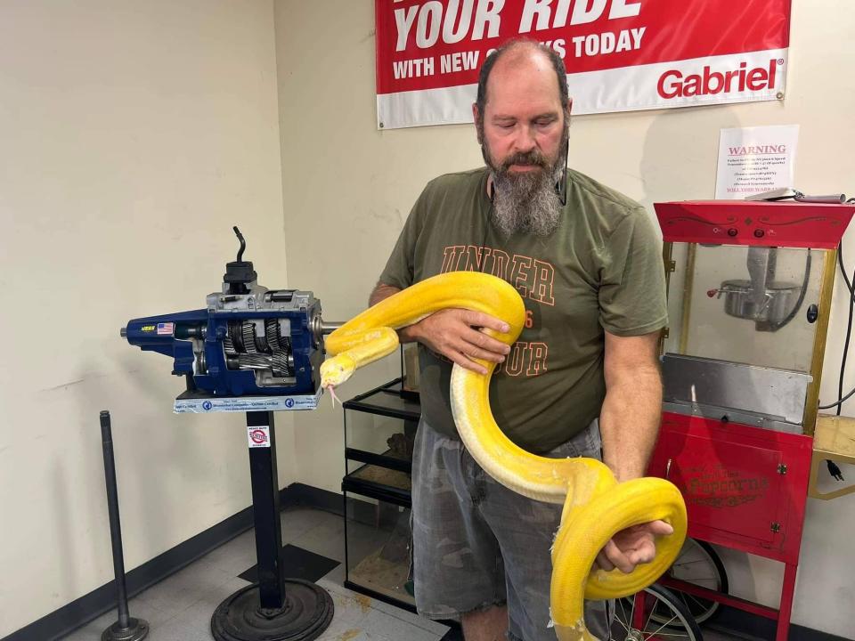 Michael Wilkins, owner of Snakes Alive Exotics Rescue and Sanctuary and co-owner of Oklahoma Exotics Rescue & Sanctuary, holds an albino golden child reticulated python. The python spent months at an Oklahoma City mobile home park until it was captured in October 2023.
