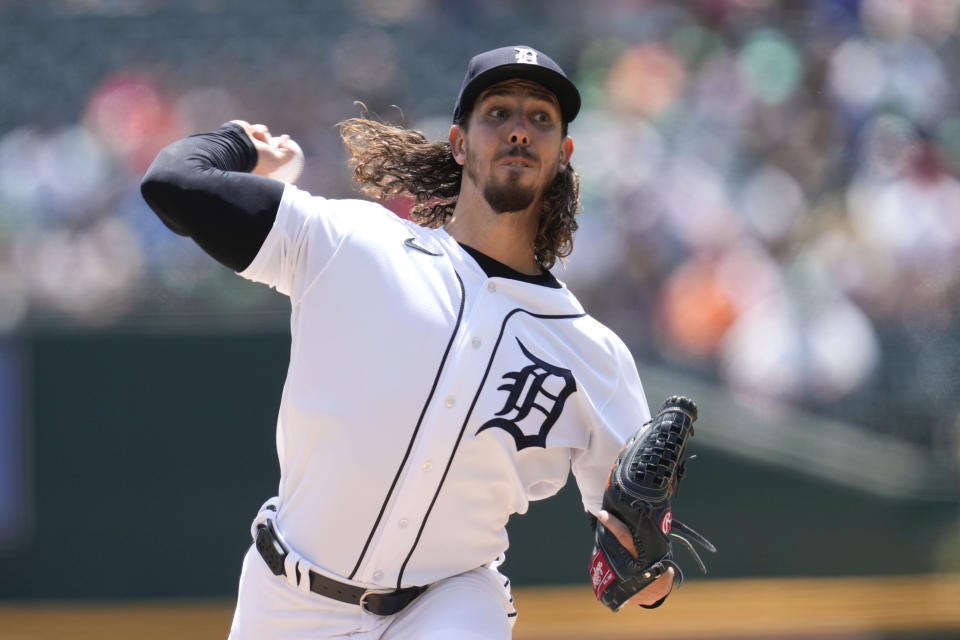 Detroit Tigers pitcher Michael Lorenzen throws against the Chicago White Sox in the first inning of a baseball game, Saturday, May 27, 2023, in Detroit. (AP Photo/Paul Sancya)