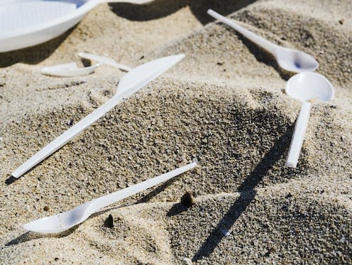 <span class="caption">A new ban prohibits businesses in England from selling some single-use plastic products.</span> <span class="attribution"><a class="link " href="https://www.shutterstock.com/image-photo/close-plastic-cutlery-on-sand-beach-1472806664" rel="nofollow noopener" target="_blank" data-ylk="slk:Freepik2/Shutterstock;elm:context_link;itc:0;sec:content-canvas">Freepik2/Shutterstock</a></span>