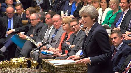 Britain's Prime Minister Theresa May speaks in Parliament as she announces that she has sent the letter to trigger the process of leaving the European Union in London, March 29, 2017. Parliament TV handout via REUTERS